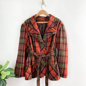 Robert Louis Vintage Style Plaid Ruffle Collar Tie Waist Pea Coat Sz 2X